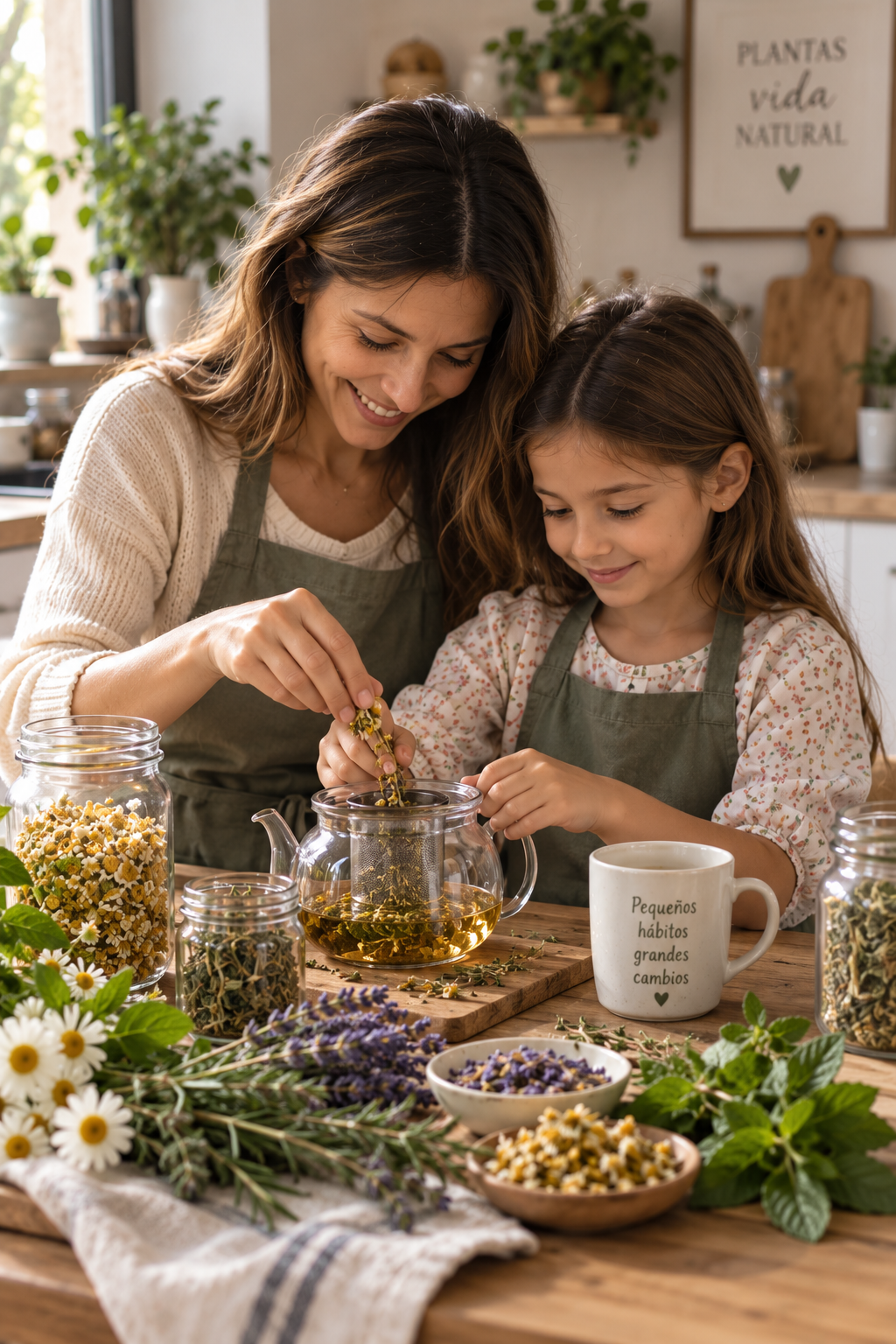 Familia preparando infusión juntas